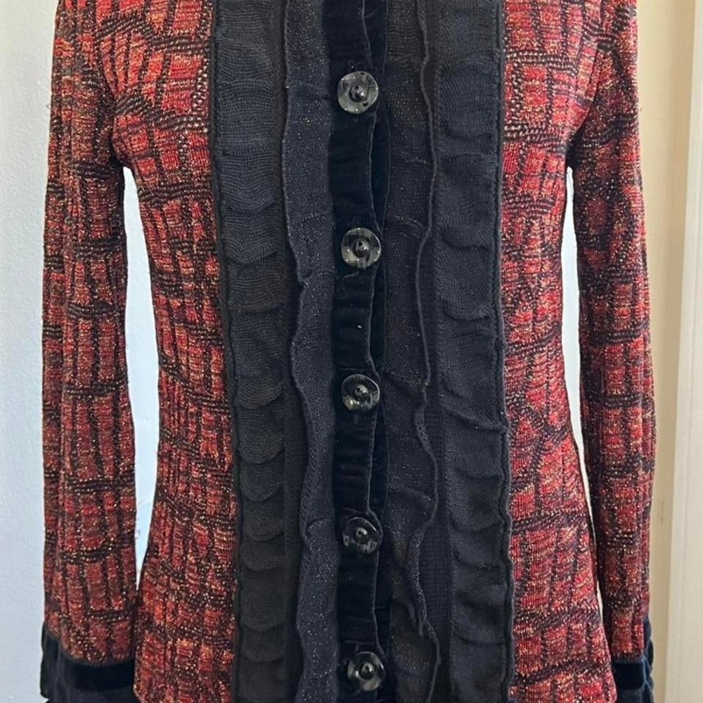Liola Made in Italy Red Black Metallic Knit Ruffle Velvet Cardigan Size IT 42 - Picture 3 of 8